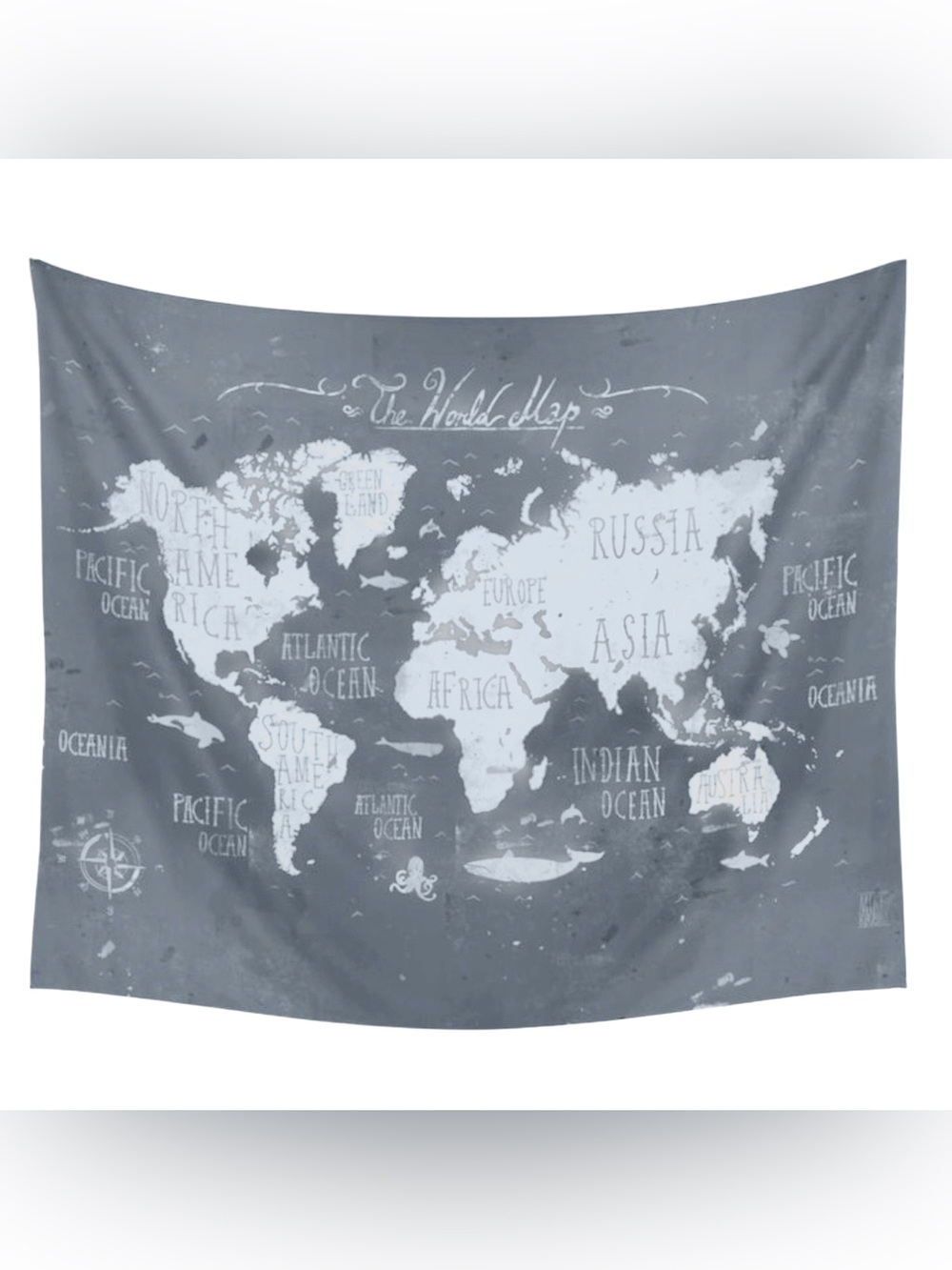 Society6 Tapestry World Map Grey Illustrated Wall Hanging XL 6.5 x 5.5 ft